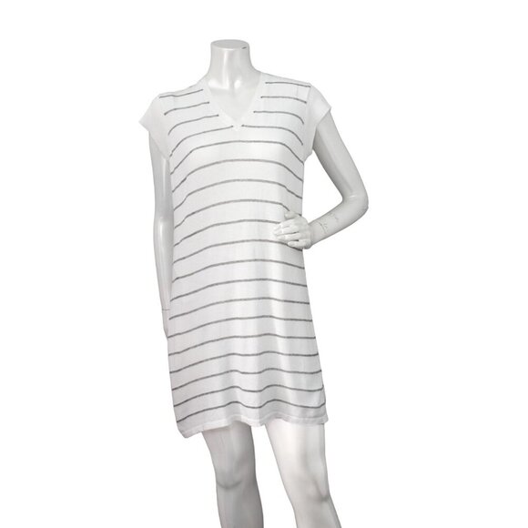 Marina De Rosa Striped Mini Dress Tunic White Silver Grey Cap Sleeves Made Italy - Picture 2 of 10